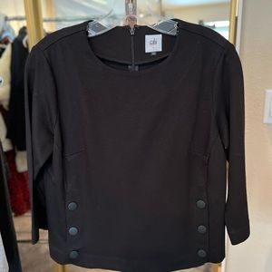 CAbi Black Utility Style 3/4 Sleeve Side Button Ponte Knit Top #3232 S